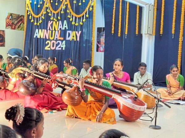 The veena challenges me, but its soothing melodies make all the practice worth it, says Darshena (centre). Photo: Kirthiga Natyaalaya Arts Academy