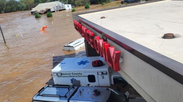 Patients and staff at Unicoi County Hospital are trapped on the roof Friday due to flooding caused by Tropical Storm Helene. (Pic: Erwin Police Chief Regan Tilson)