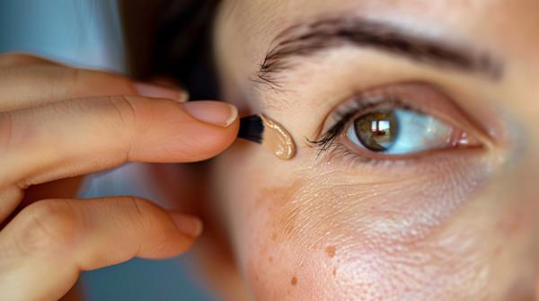 A woman applying concealer under her eyes